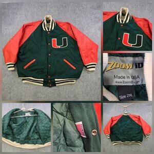 Miami Hurricanes Varsity Jacket Mens 2XL Green Orange NCAA Football Zoom ID Wool